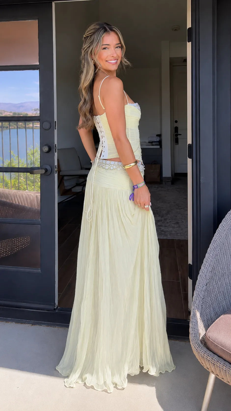 Boho Crystal Embellished Cami Crop Top & Pleated Maxi Skirt Set - Elegant Evening Wear