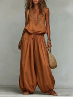 Women's Cotton-linen Embroidered Vest Lantern Wide-leg Pants