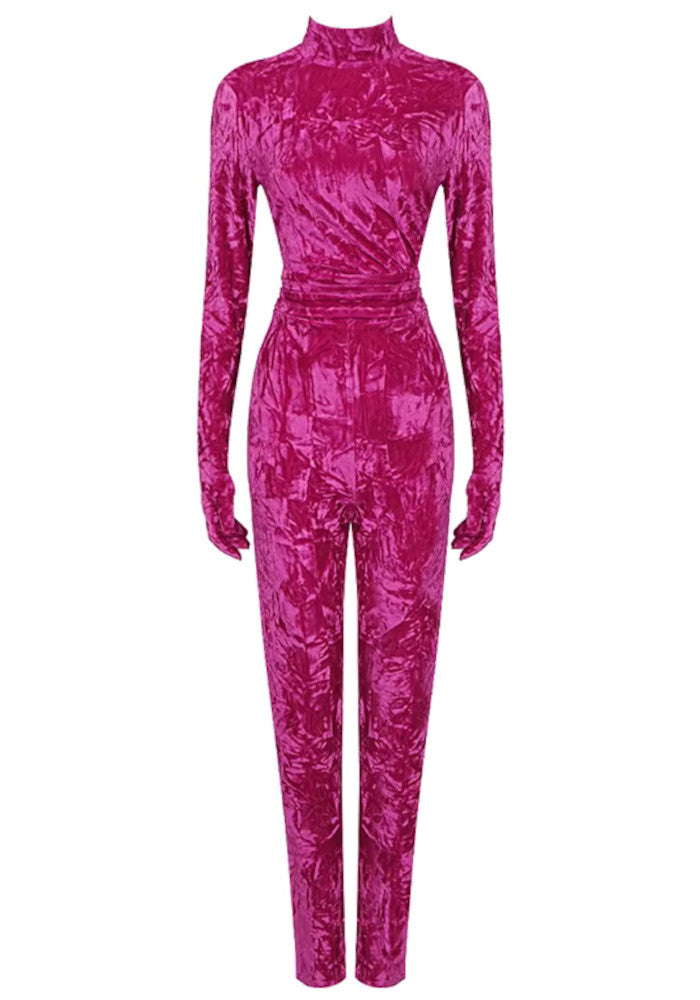 Long Sleeve Velvet Jumpsuit Hot Pink