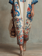 Bohemian Floral Paisley Kaftan Midi Dress In Ivory Blue