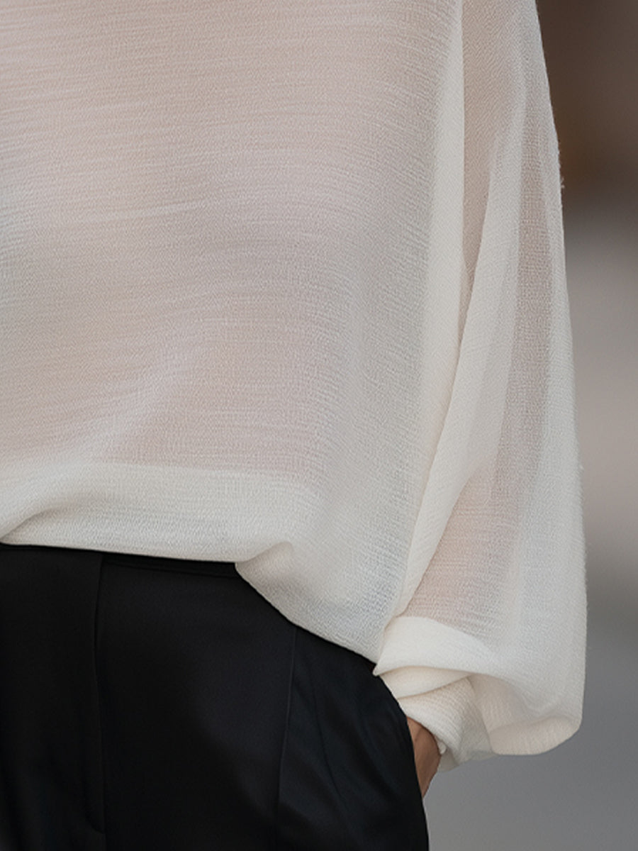 Semi-Sheer High-Neck Batwing Knit Sweater