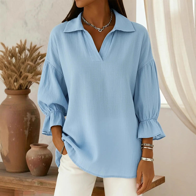 Women's Solid Color Collared Long Sleeve Loose Blouse