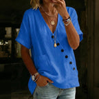 Women's Solid Color V-neck Button Pocket Linen Blend T-shirt