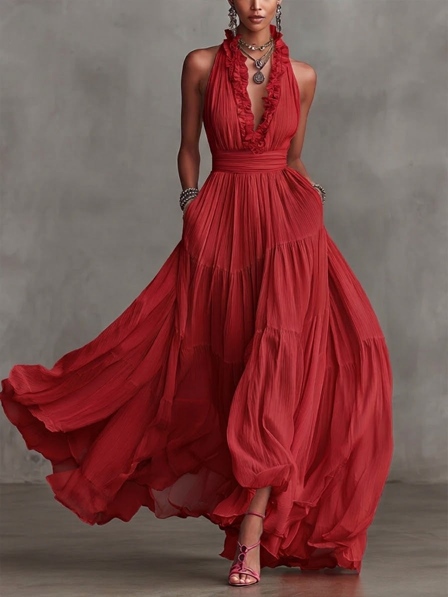 Stylish And Flowing Ruffled Collar Maxi Dress