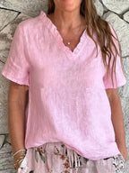 Women's Vintage Lace Cotton And Linen V-neck T-shirt