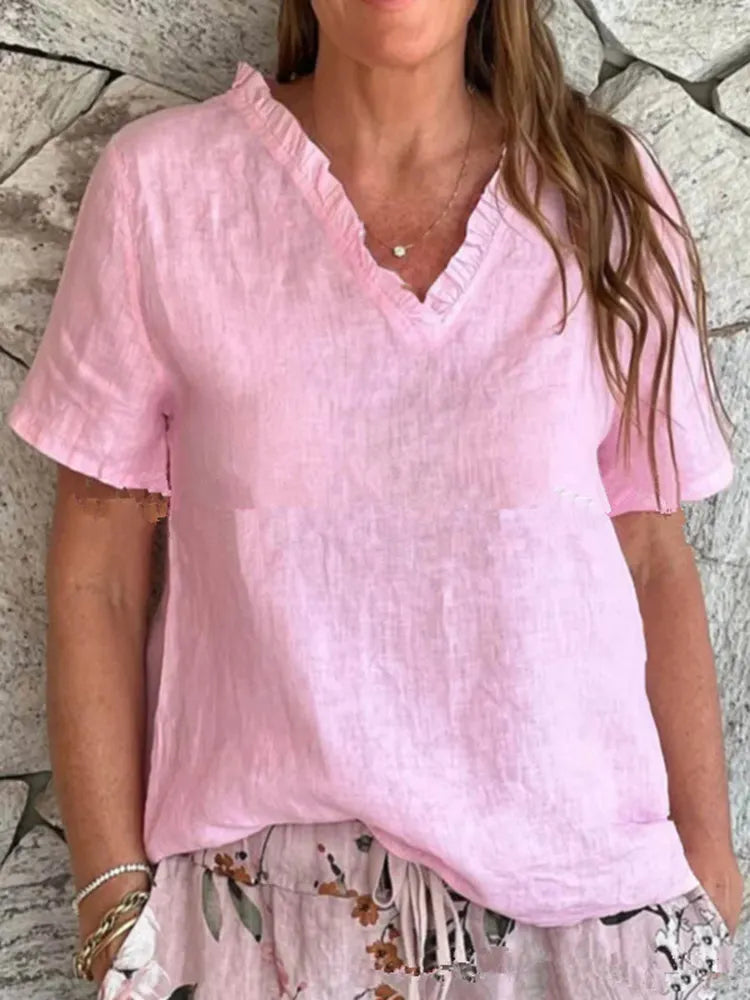 Women's Vintage Lace Cotton And Linen V-neck T-shirt