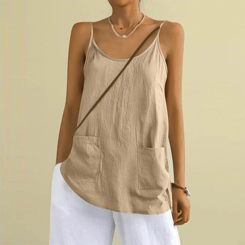 Women's Solid Color Sleeveless Linen Blend Pocket Camisole