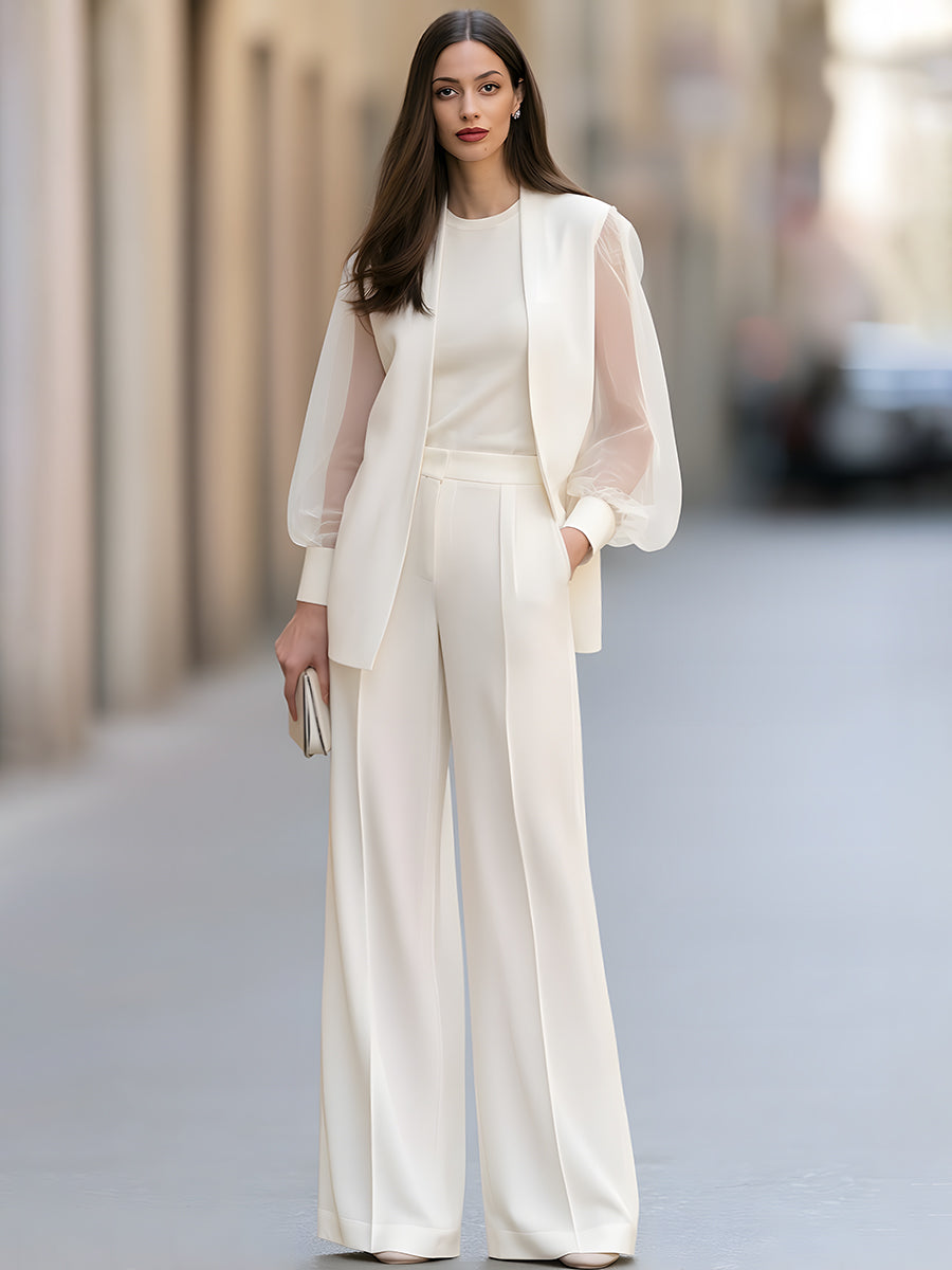 Women's Sheer Puff-Sleeve Blazer And Wide-Leg Trousers Two-Piece Set