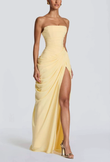 Chiffon Back Lace-up Asymmetrical Pleats Strapless Slit Maxi Dress