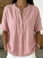 Casual Henley Collar Linen And Cotton Short-sleeve Shirt