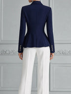 Navy Contrast Trim Peplum Zip Jacket & White Wide Leg Trousers Two-Piece Suit Set