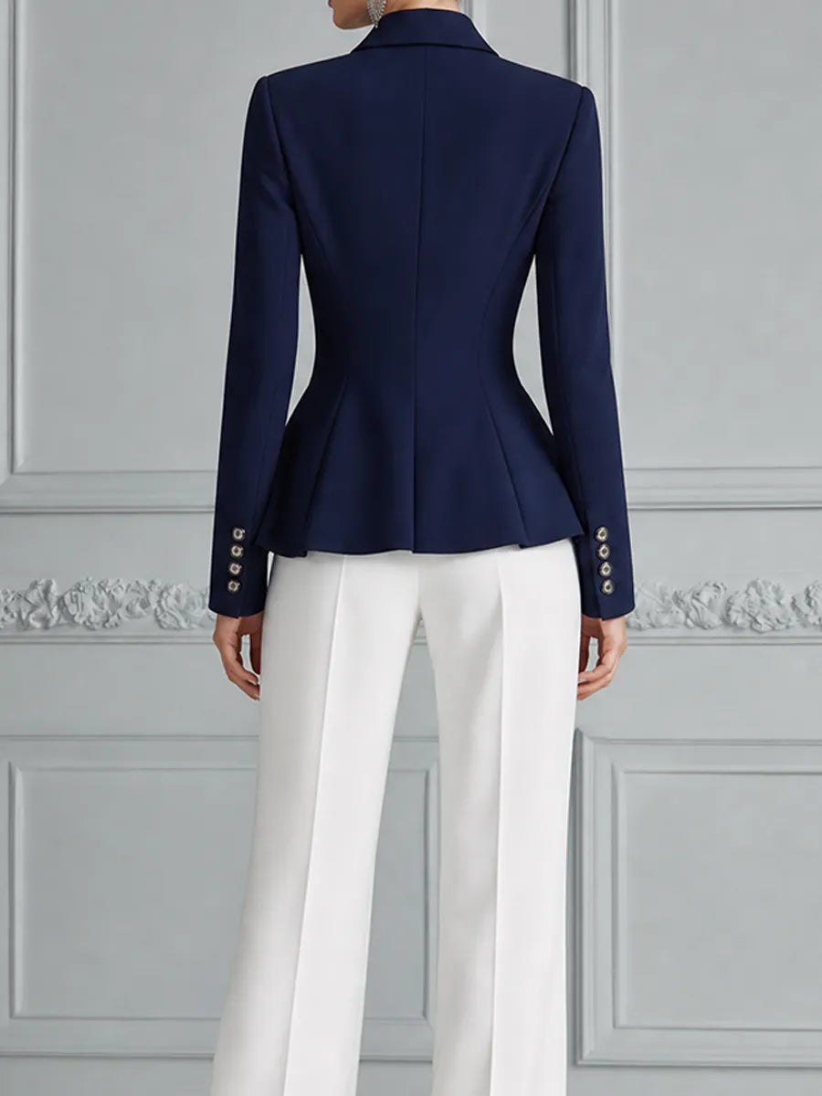 Navy Contrast Trim Peplum Zip Jacket & White Wide Leg Trousers Two-Piece Suit Set