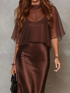 Brown Chiffon Blouse And Satin Midi Dress Two-piece Set