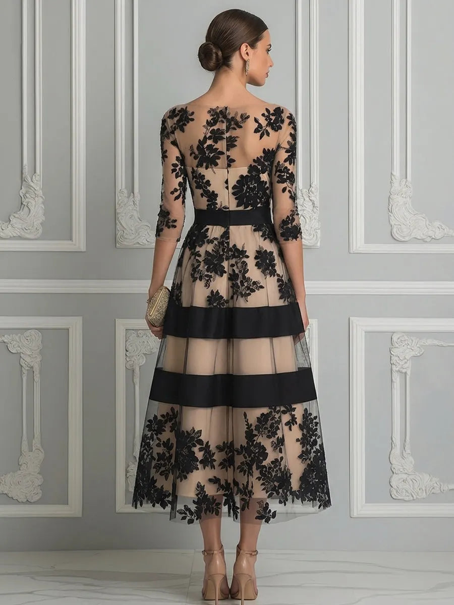 Floral Lace Illusion A-Line Midi Dress