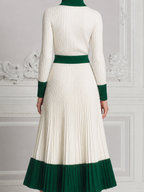 White Dress Preppy Stockholm Style Contrast Ribbed Knit Pleated Midi Dress