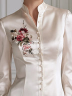 Floral Embroidered Mandarin Collar Satin Shirt