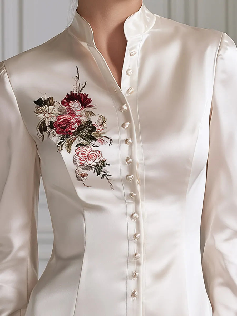 Floral Embroidered Mandarin Collar Satin Shirt