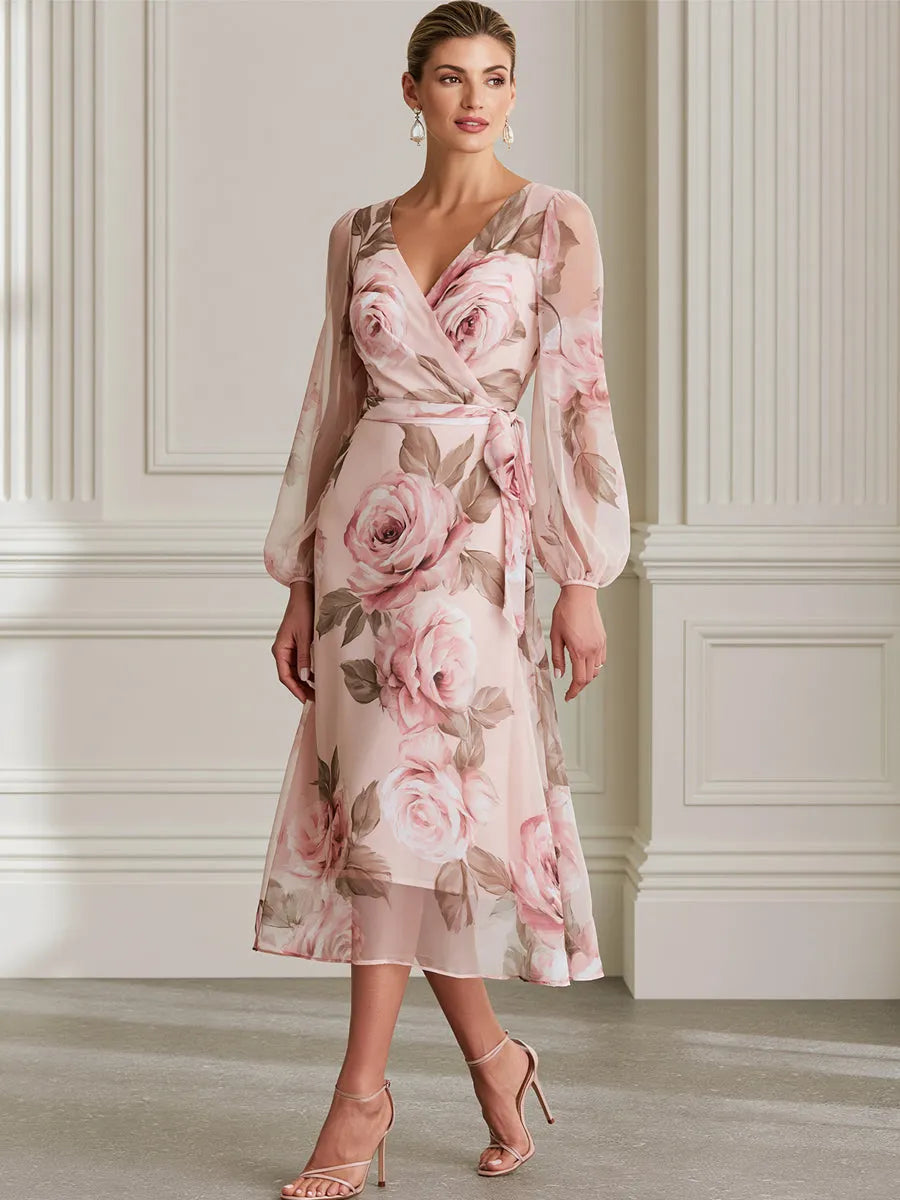 Watercolor Rose Print Wrap Puff Sleeves Midi Chiffon Dress