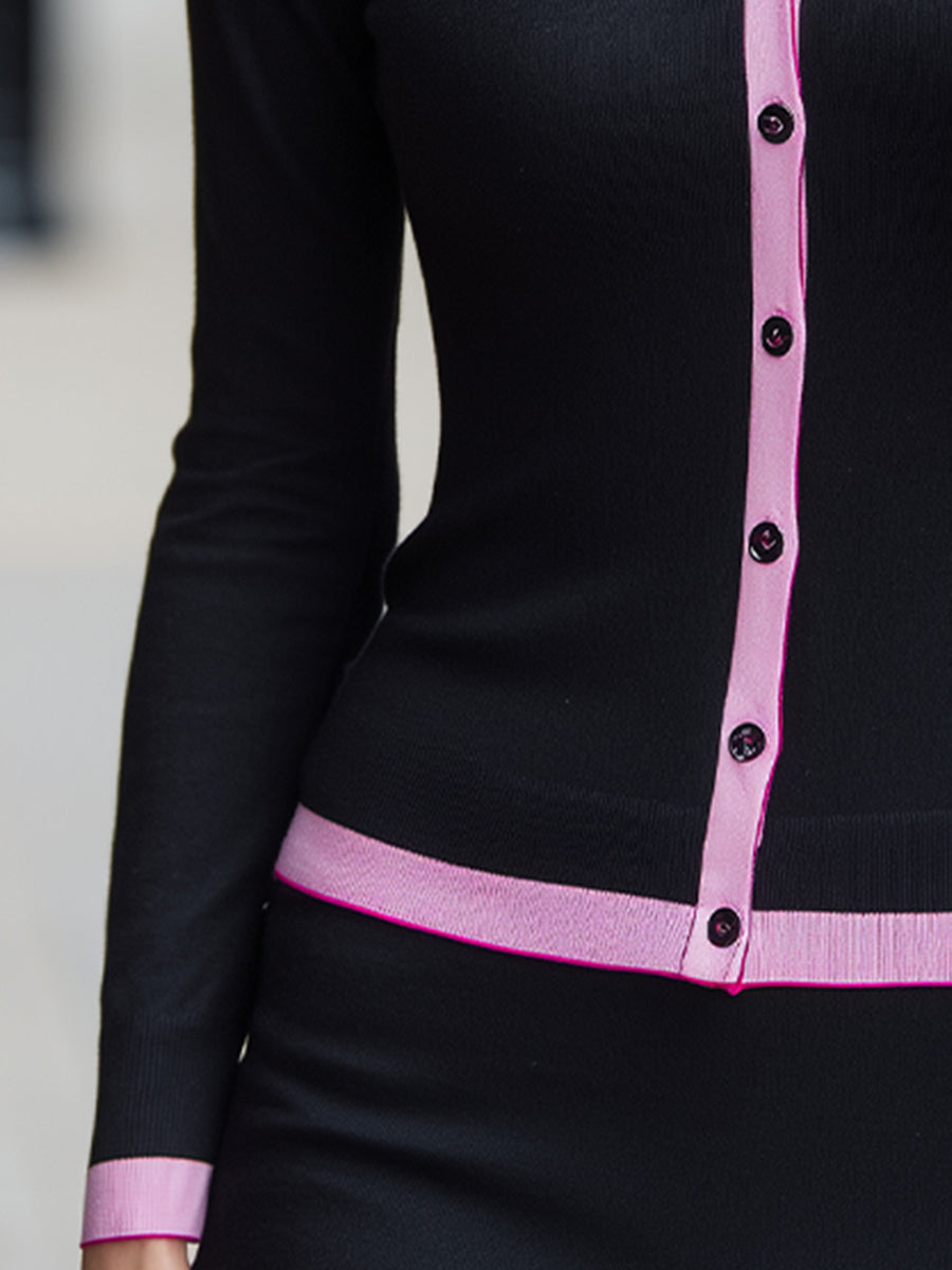 Contrast Collared Button-Front Knit Cardigan