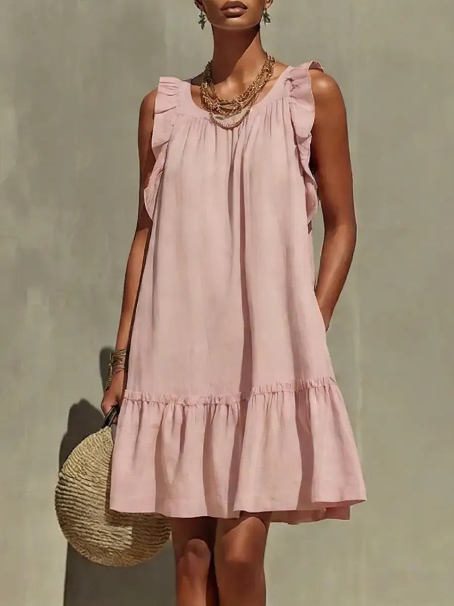 Sleeveless Ruffle Cotton-linen Dress