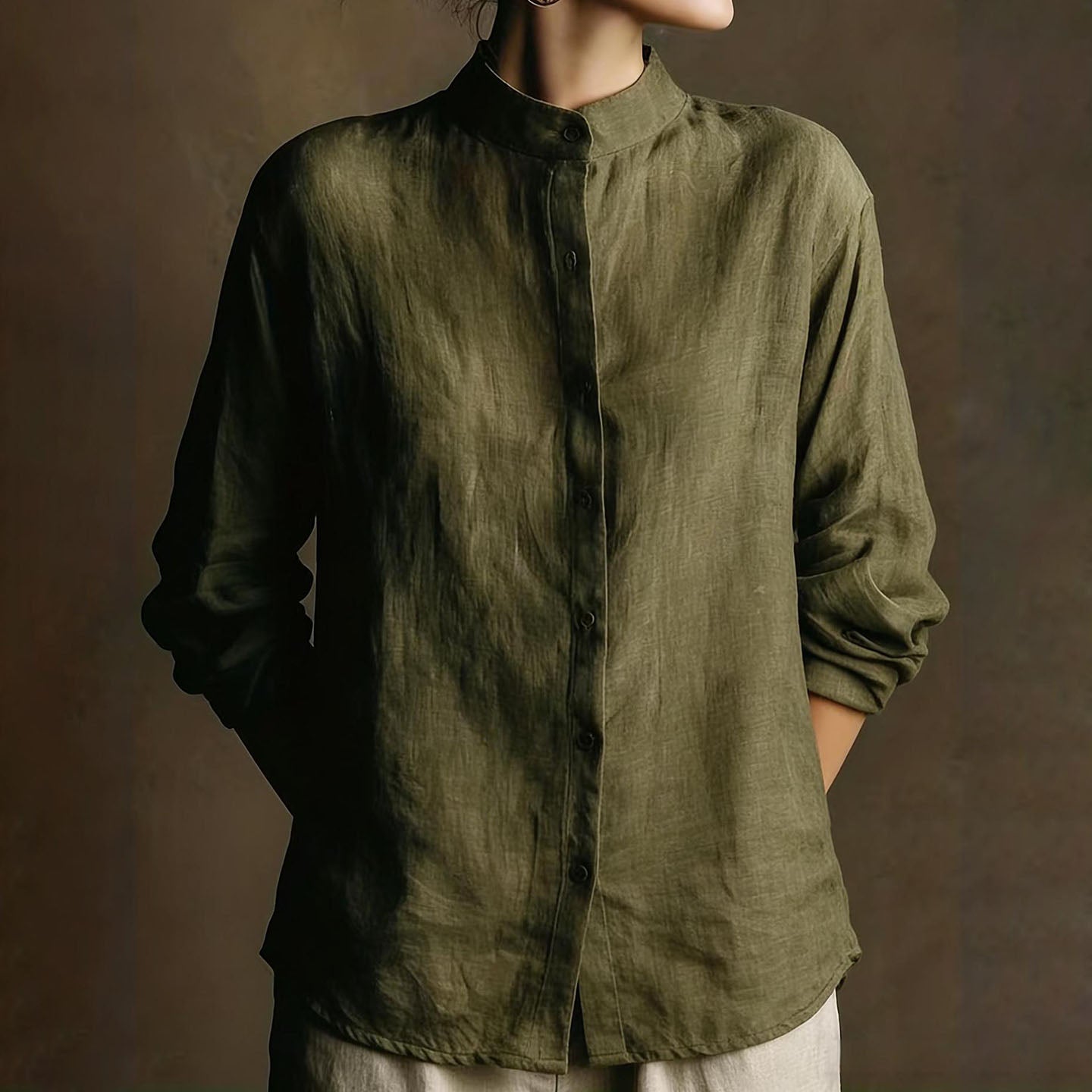 Vintage Loose Cotton Linen Stand Collar Long Sleeved Shirt