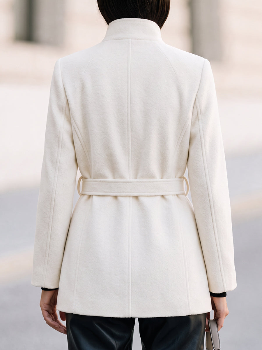 Stand Collar Belted Short Wool Coat