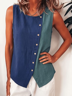 Women's Color-block Sleeveless Fashion Tank Top, Vacation Style Round Neck Linen Textured Top
