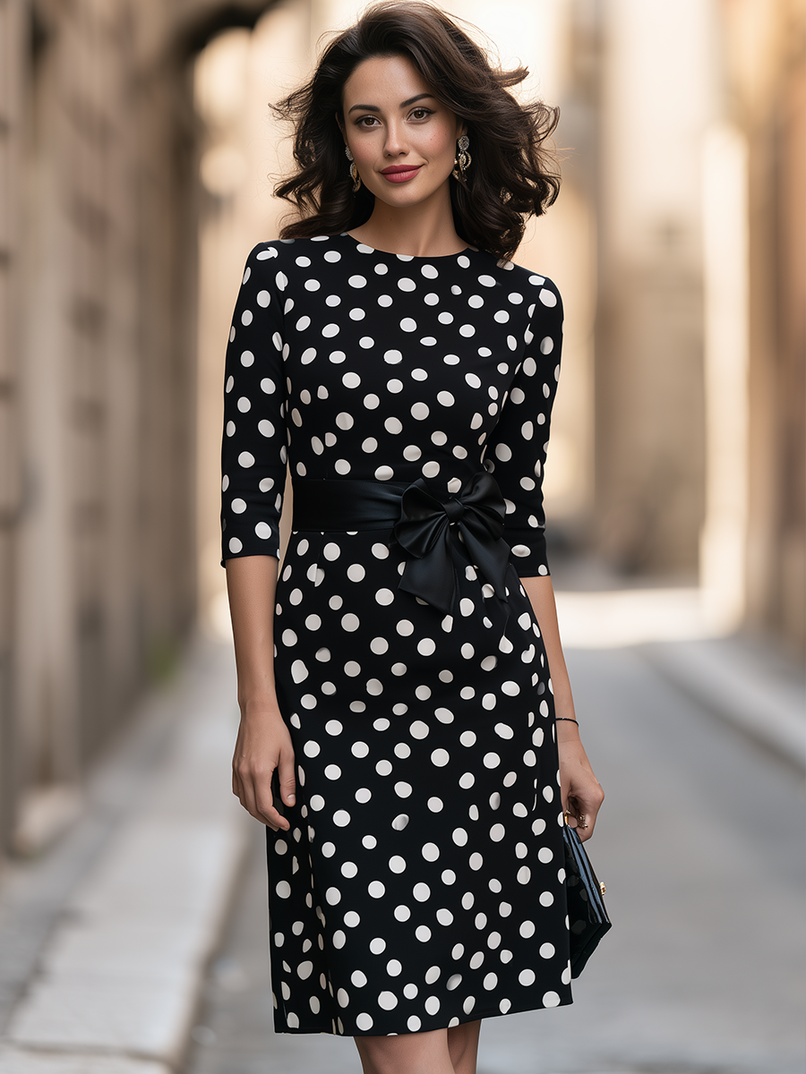 Polka Dot Print Bow-Waist Sheath Dress With 3/4 Sleeves