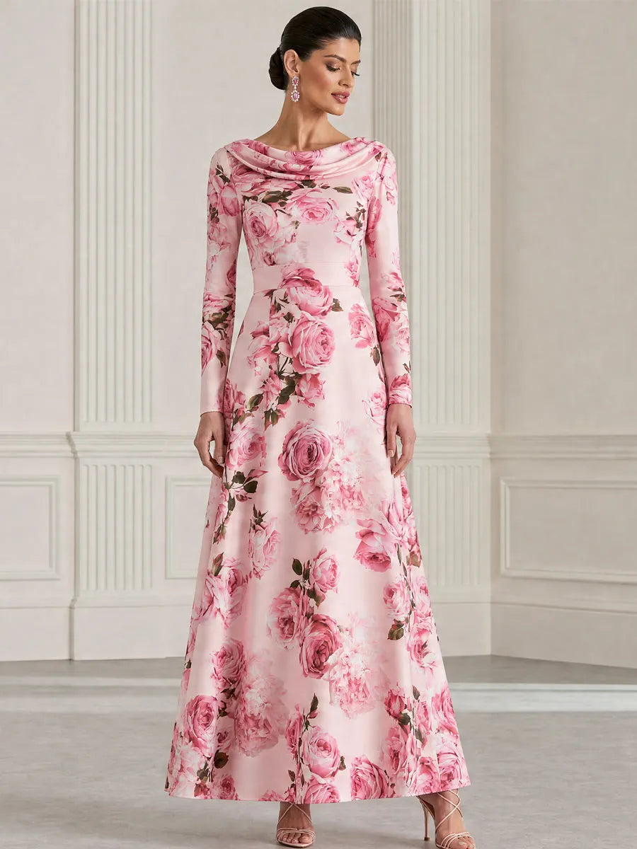 Rose Floral Print Cowl Neck Satin Maxi Evening Dress