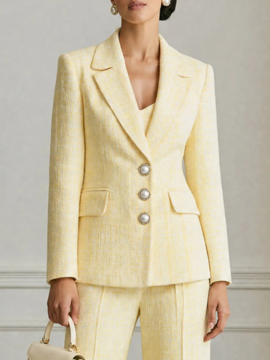Tweed Three-Button Blazer And Wide-Leg Pants Suit Set