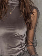 Velvet Mesh Panel High-Neck Top ¨C Graphite Grey