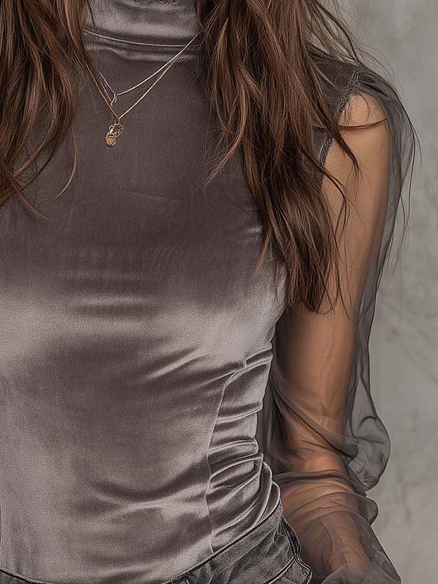 Velvet Mesh Panel High-Neck Top ¨C Graphite Grey