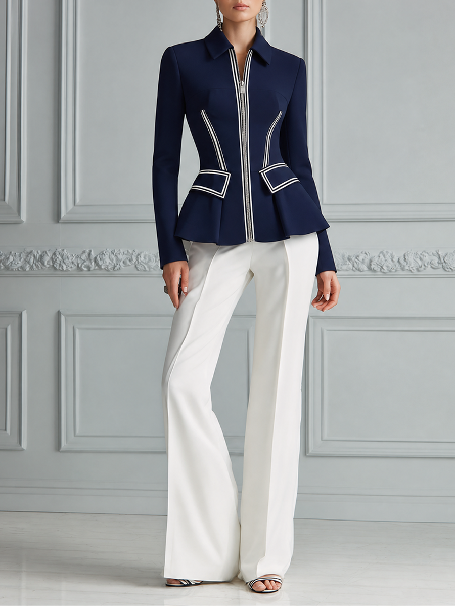 Navy Contrast Trim Peplum Zip Jacket & White Wide Leg Trousers Two-Piece Suit Set