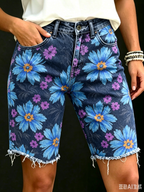 Women's Retro Daisy Floral Art Print Casual Washed Cotton Denim Shorts