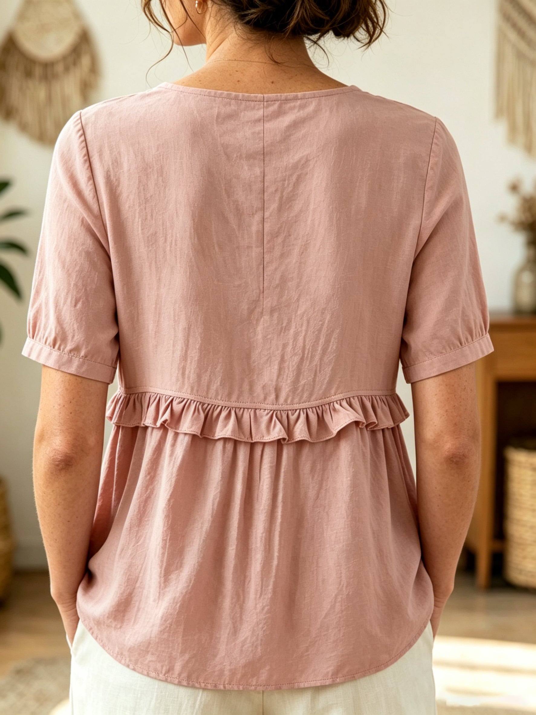 Women's Casual Short-sleeved V-neck Ruffled Linen Shirt