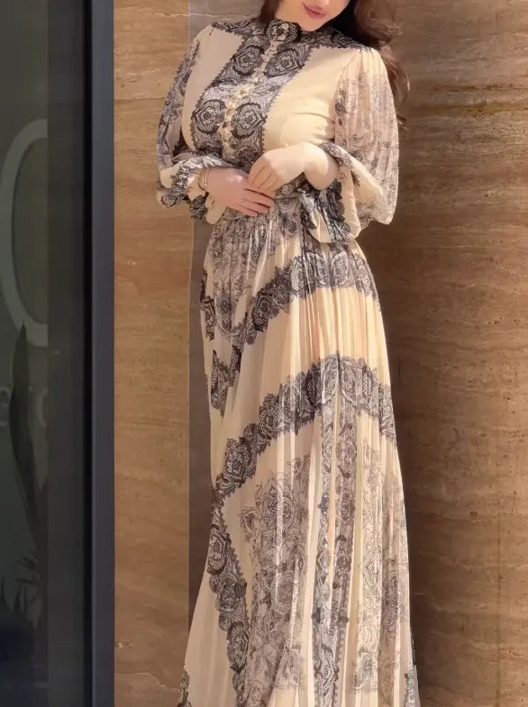 Ethnic-style printed high-neck button-down maxi dress (including belt)