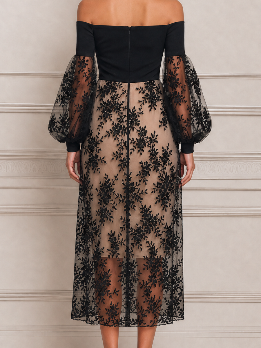 Black Lace Dress Fall Wedding Guest Dress Off Shoulder Tulle Midi Dress