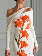 Off Shoulder Asymmetrical Orange Lily Print Maxi Gown