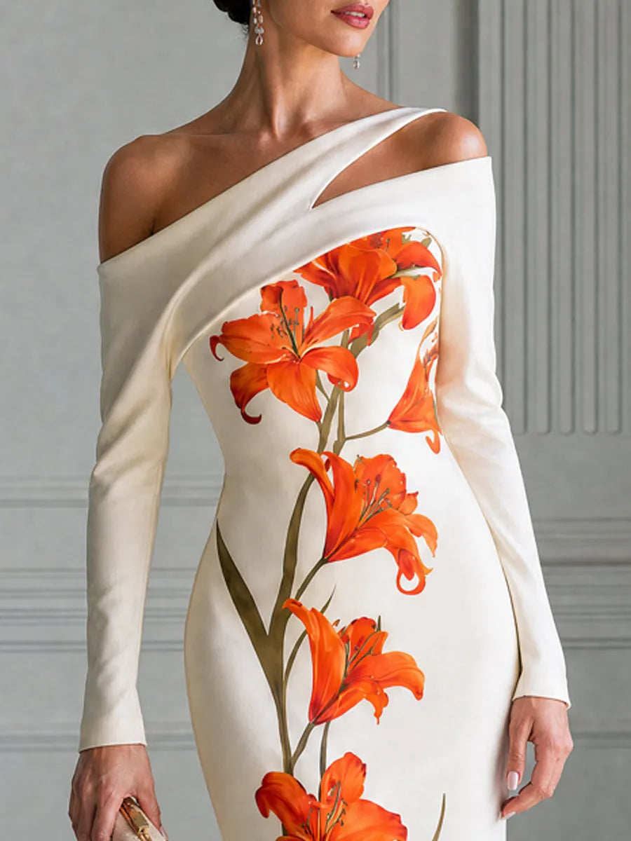 Off Shoulder Asymmetrical Orange Lily Print Maxi Gown