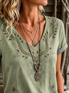 Ethnicity Texture Flowers Women's V-neck Print Casual T-shirt