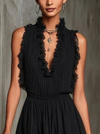 Ruffle Trim Pleated Chiffon Lace Jumpsuit