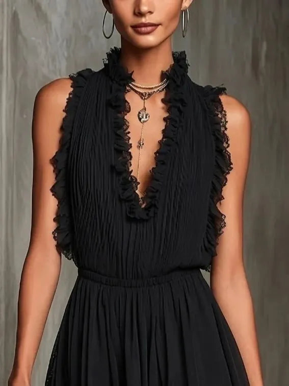 Ruffle Trim Pleated Chiffon Lace Jumpsuit