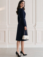Women's Elegant Long Sleeve Contrast Piping A-Line Midi Dress with Belt
