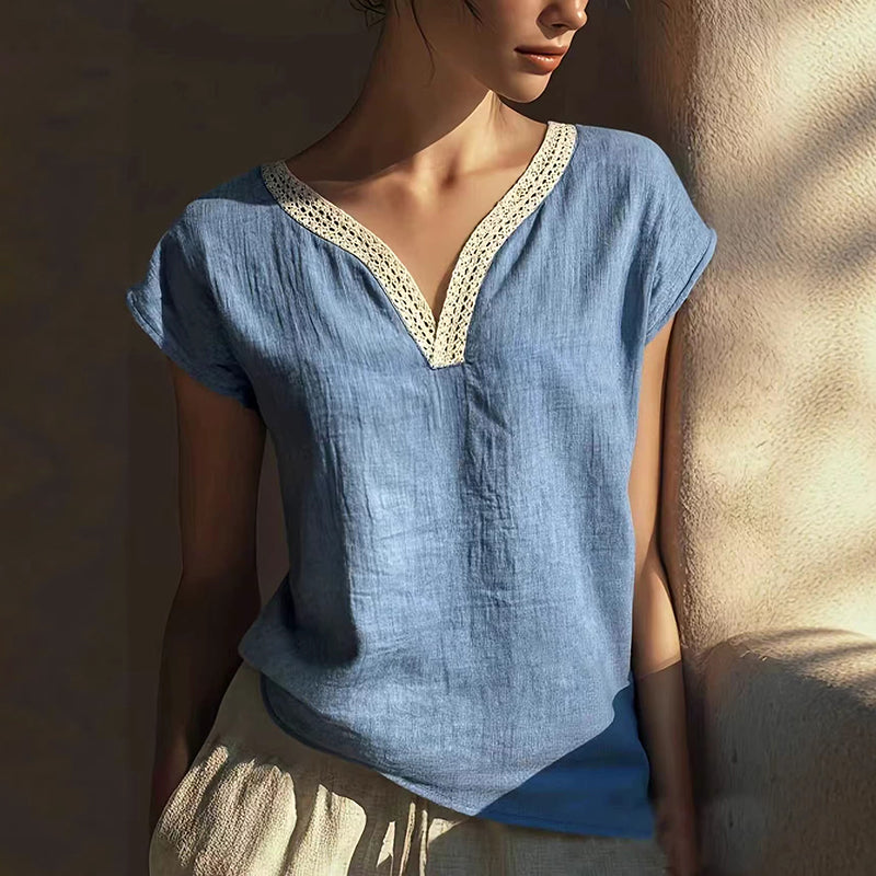 Boho Vintage Lace V-neck Cotton Blend Shirt