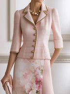 Tweed Peaked-Lapel Blazer & Floral Chiffon Midi Skirt Set