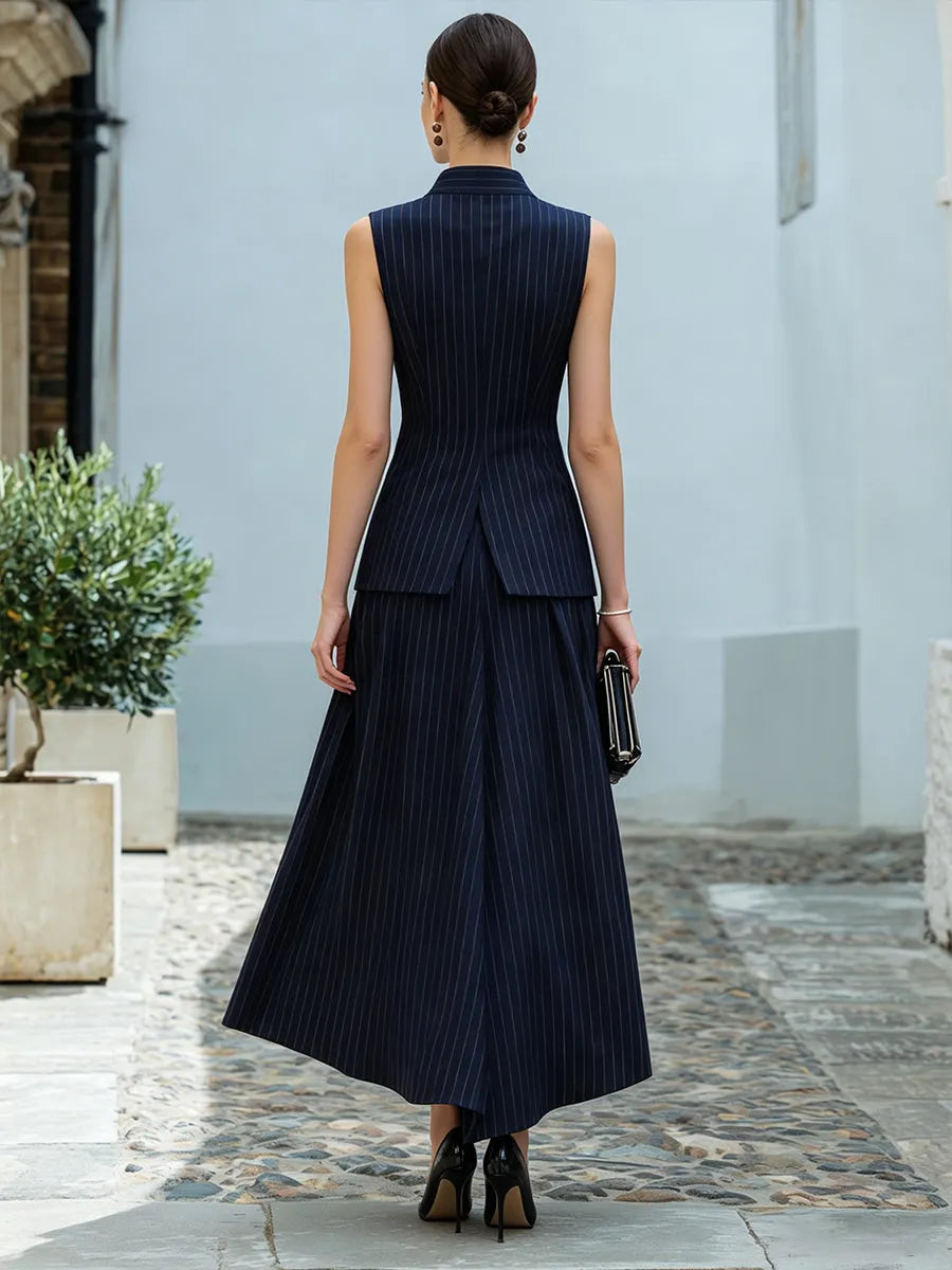 Pinstripe Sleeveless Asymmetric Hem Two-Piece Set