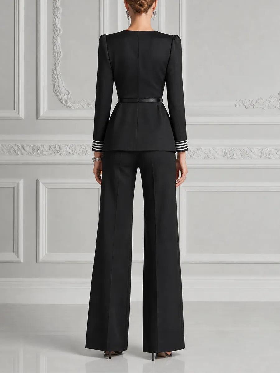 Black Contrast Stripe Belted Peplum Top & Flare Pants Set