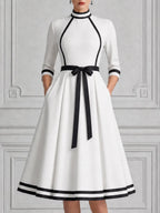 White Dress Contrast Trim Bow Belt A-Line Midi Dress