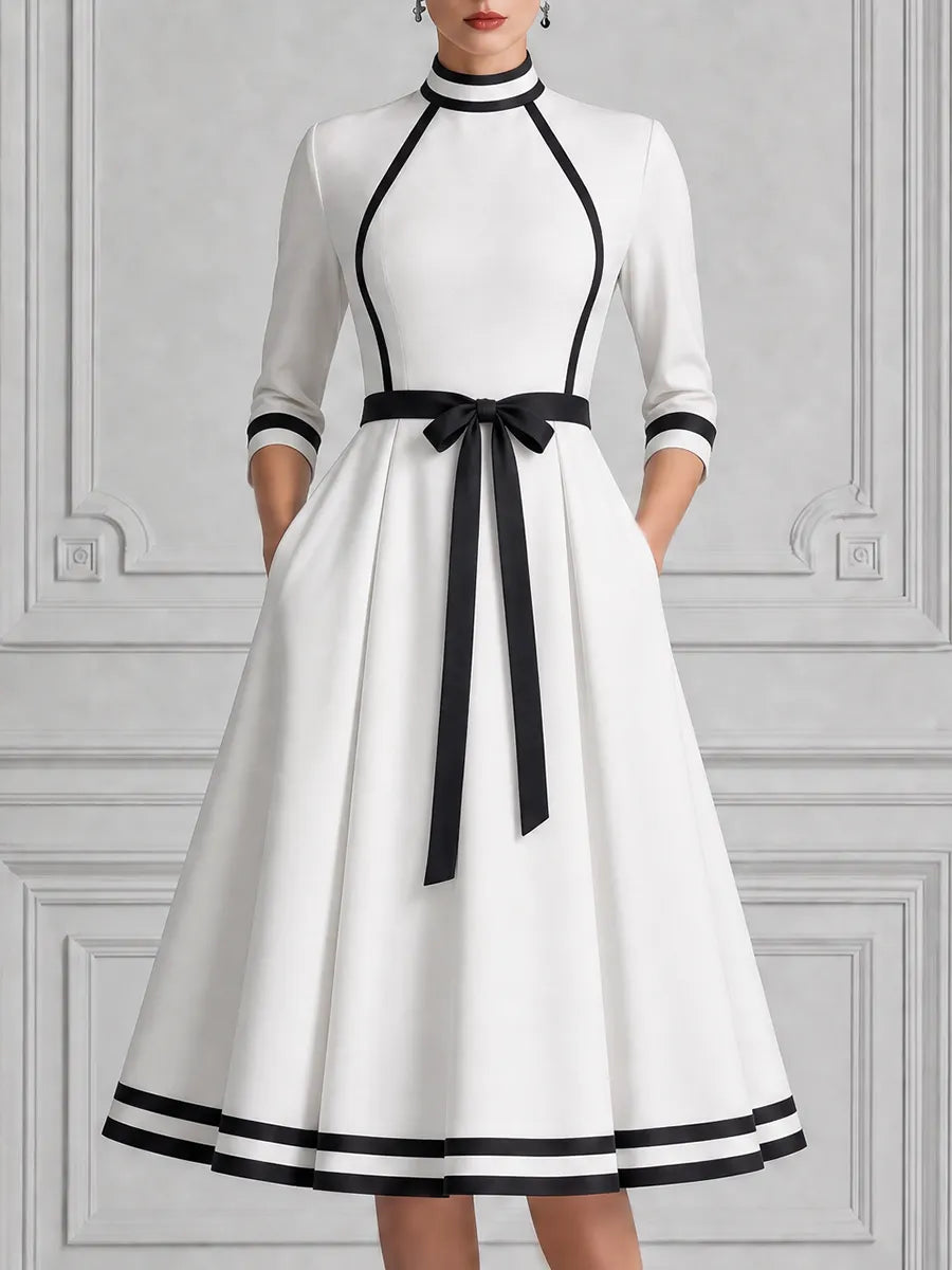 White Dress Contrast Trim Bow Belt A-Line Midi Dress