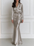 Shawl Collar Wrap Bow Top & Mermaid Maxi Skirt